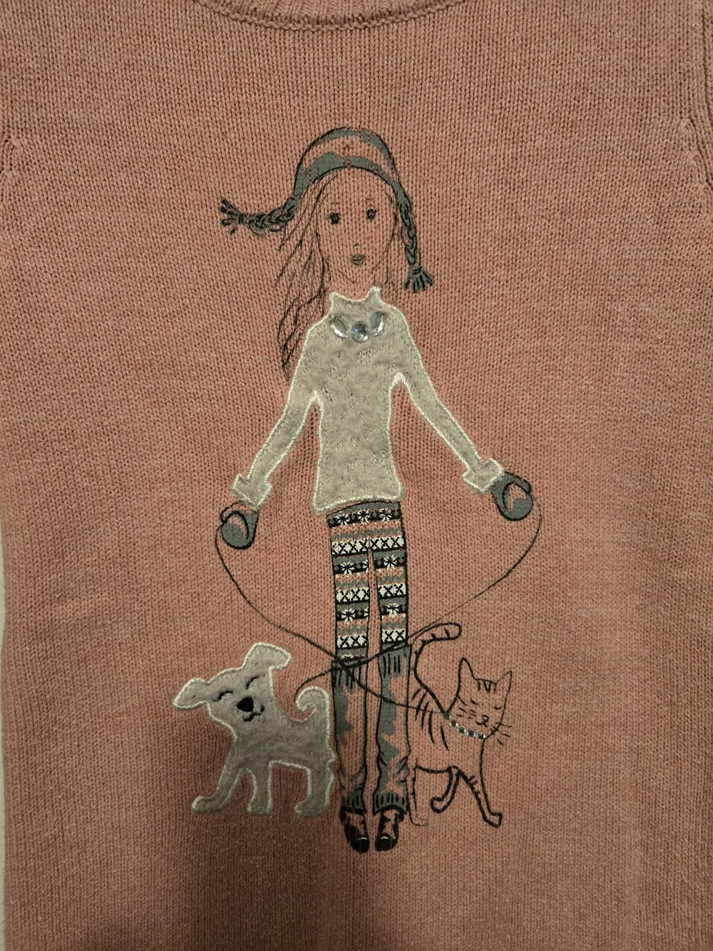 Jillian's Closet Pink Jump Rope Girl Dog Cat Knit Sweater Dress M 5-6
